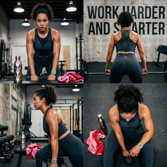 A pretty adult mixed-race woman of Korean and Black heritage, wearing fitted gym wear. Scene: a heavy workout with sweat. POV: full front, back, side, and aerial views. Near her are a unique-looking water bottle, a diamond green watch, a pink and red towel, and text in the background that says “Work harder and smarter”. — Model 14