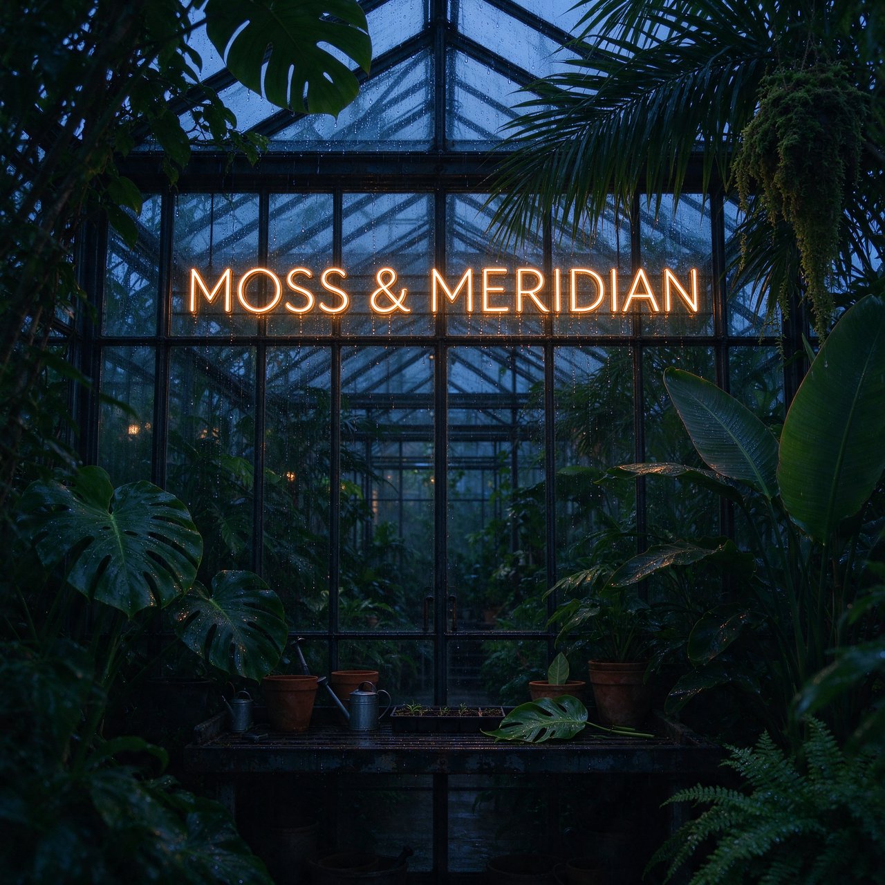 Inside a rooftop greenhouse at blue hour, tropical leaves crowd iron beams above a quiet potting bench; "MOSS & MERIDIAN" glows in warm amber neon along the glass entrance, with rain beads catching the light. — Seedream 5.0 Flash