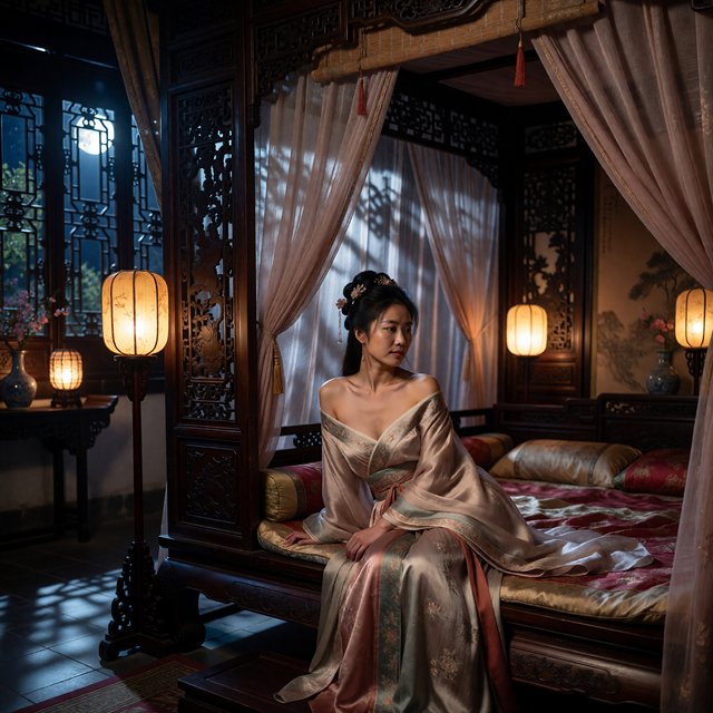 A beautiful adult Chinese woman in her 20s wearing an elegant, subtly sensual Song Dynasty–inspired hanfu with a loose off-shoulder neckline, gracefully exposing her shoulders and collarbones. She sits on an ornate wooden bed inside a refined ancient Chinese bedroom at night, surrounded by gauze curtains, carved screens and softly glowing lanterns. Moonlight filters through the lattice window, creating a romantic, intimate atmosphere. Luxurious silk fabrics, delicate hair ornaments, natural feminine pose, cinematic lighting, historically inspired details, tasteful and sophisticated. — ImagineArt 1.5 Pro