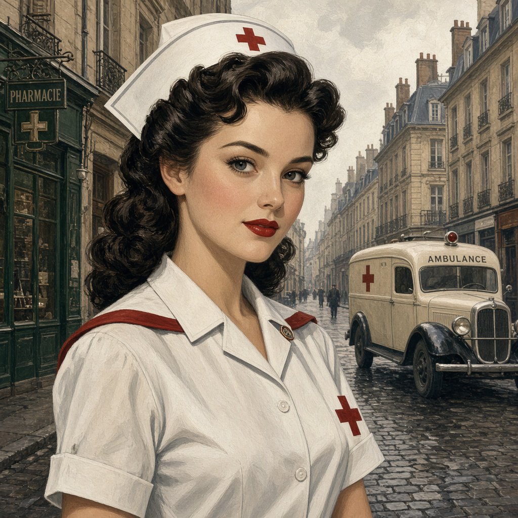 A digital illustration depicts an attractive vintage-style nurse with fair skin and dark, curly hair styled in waves reminiscent of past decades. She wears red lipstick, a white nurse's cap, a uniform, and a cross emblem on her sleeve. A classic European street scene featuring an ambulance and old buildings forms the background. — Grok Imagine Image 2