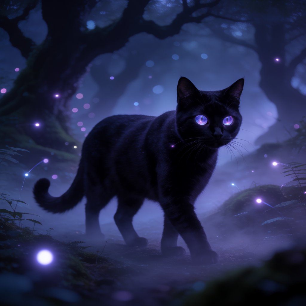 A sleek, obsidian cat with fur that seems to absorb all light, walks with quiet grace through a tranquil, mist-shrouded forest. Its eyes glow with an inner cosmic energy, reflecting distant nebulae. Ethereal fireflies drift around it, illuminating ancient, gnarled trees and glowing mushrooms. The style is deeply atmospheric, emphasizing soft focus and a palette of deep purples and blues. — Krea 2 Medium
