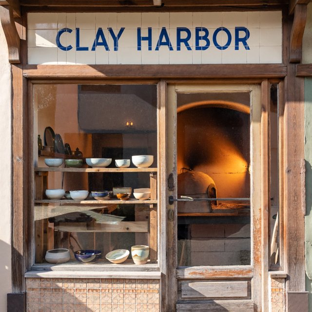 A sunlit ceramicist's studio storefront displays glazed bowls behind dusty glass doors; "CLAY HARBOR" is printed in cobalt-blue block letters across a cream tile transom above the entrance, with kiln warmth glowing inside. — ImagineArt 2
