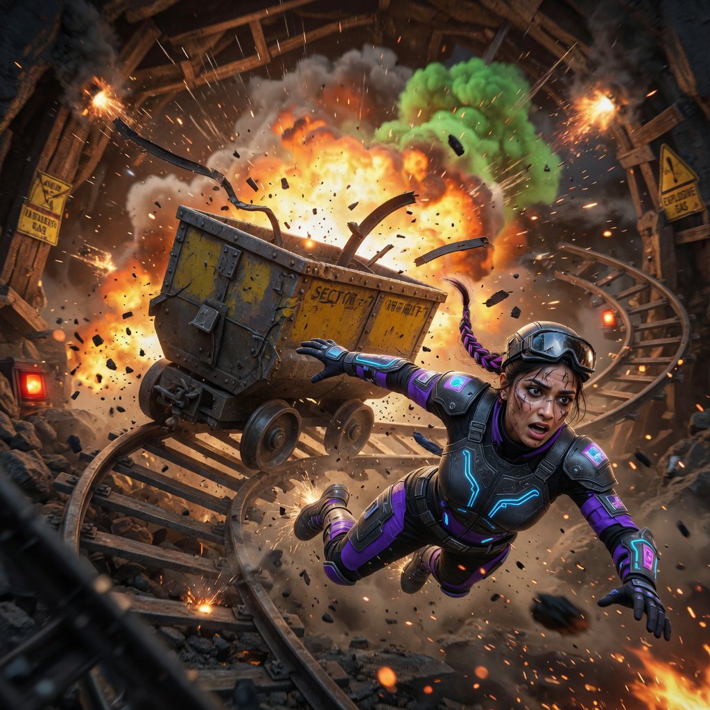 Collapsing mine, woman in a futuristic outfit, in a runaway mine cart. The cart is moving towards the foreground. Behind her cart, there was a huge explosion in the mine. The impact of the explosion is so great that it has knocked the cart off the tracks and sent the rider flying. Angle the empty cart, which is in the process of shattering, close to the woman. Focus the image on the female rider who has flown off the cart. Ensure her features are photorealistic. Make the scene photorealistic, explosive, and exciting as if it is from an action-packed movie. — Grok Imagine Image Quality