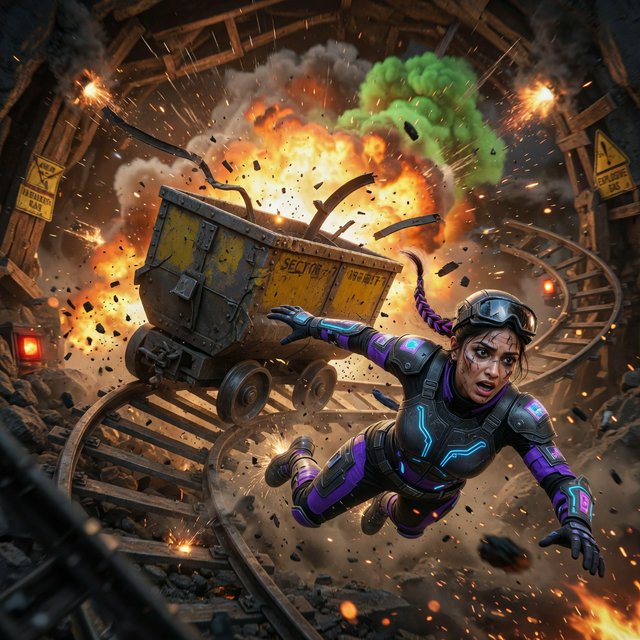 Collapsing mine, woman in a futuristic outfit, in a runaway mine cart. The cart is moving towards the foreground. Behind her cart, there was a huge explosion in the mine. The impact of the explosion is so great that it has knocked the cart off the tracks and sent the rider flying. Angle the empty cart, which is in the process of shattering, close to the woman. Focus the image on the female rider who has flown off the cart. Ensure her features are photorealistic. Make the scene photorealistic, explosive, and exciting as if it is from an action-packed movie. — Grok Imagine Image Quality
