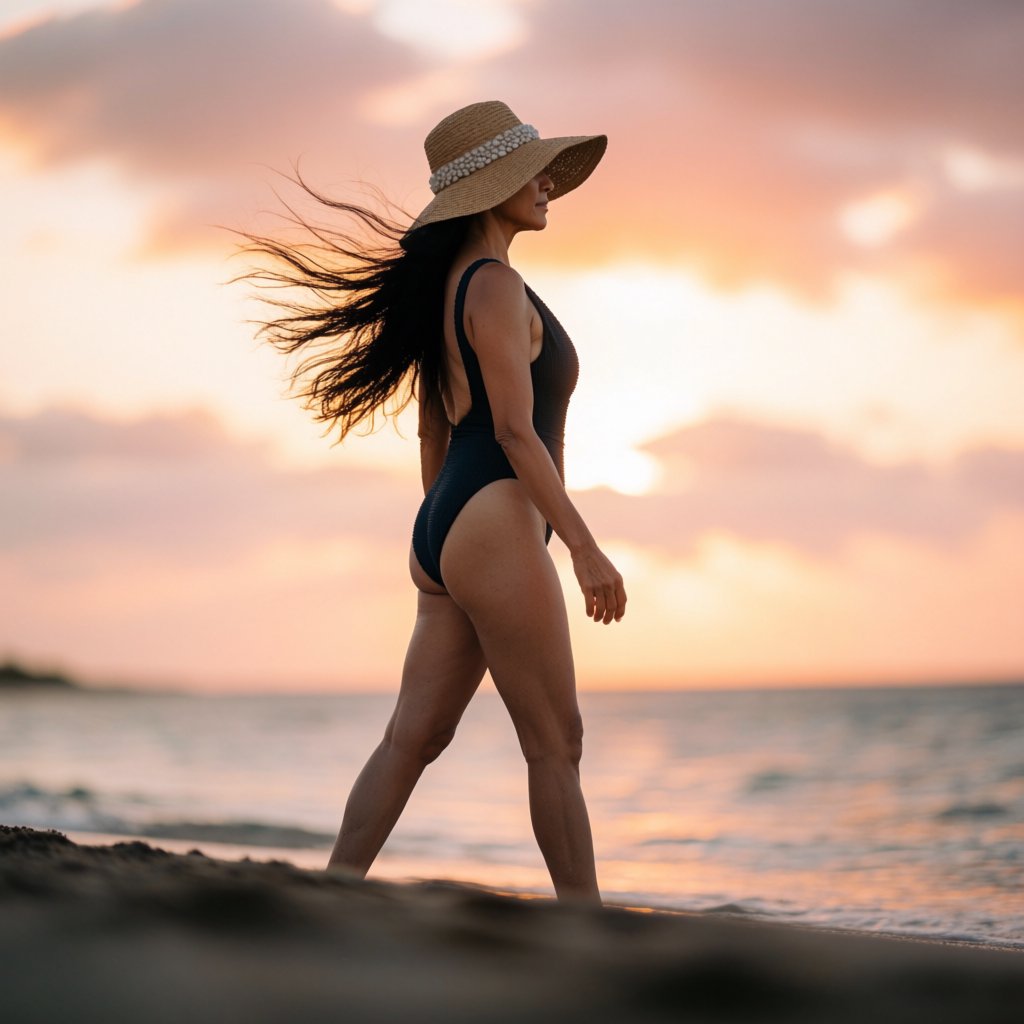 Editorial beach photo of an adult woman in a one-piece swimsuit and a wide straw hat walking along the waterline at sunset, wind in her hair. — Krea 2 Medium