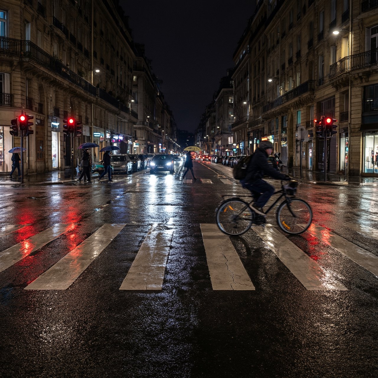 A rain-soaked city crosswalk at night seen from across the street, umbrellas, reflections of traffic lights on wet asphalt, slight motion blur on a passing cyclist. — Qwen Image 3.0 Pro
