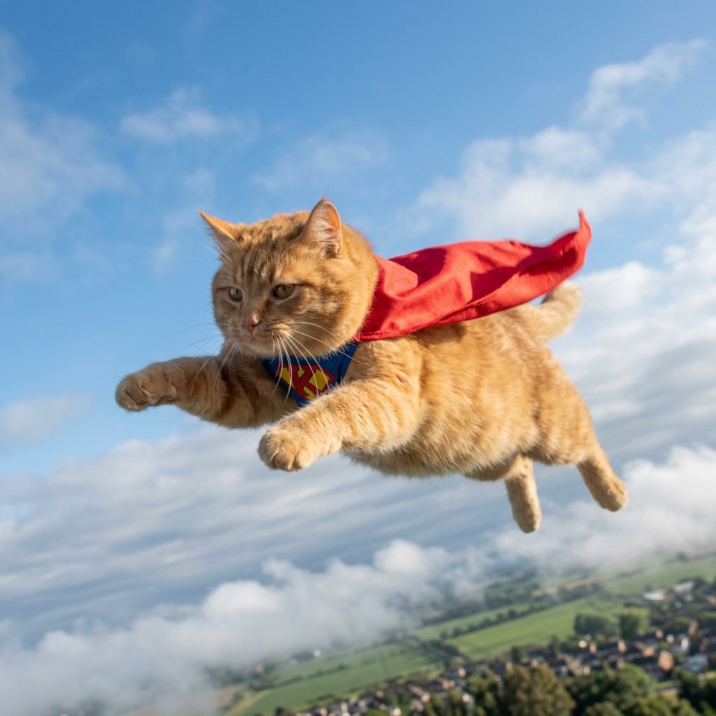 A cat flying in the sky wearing a super kitty costume. — Nano Banana 2.1