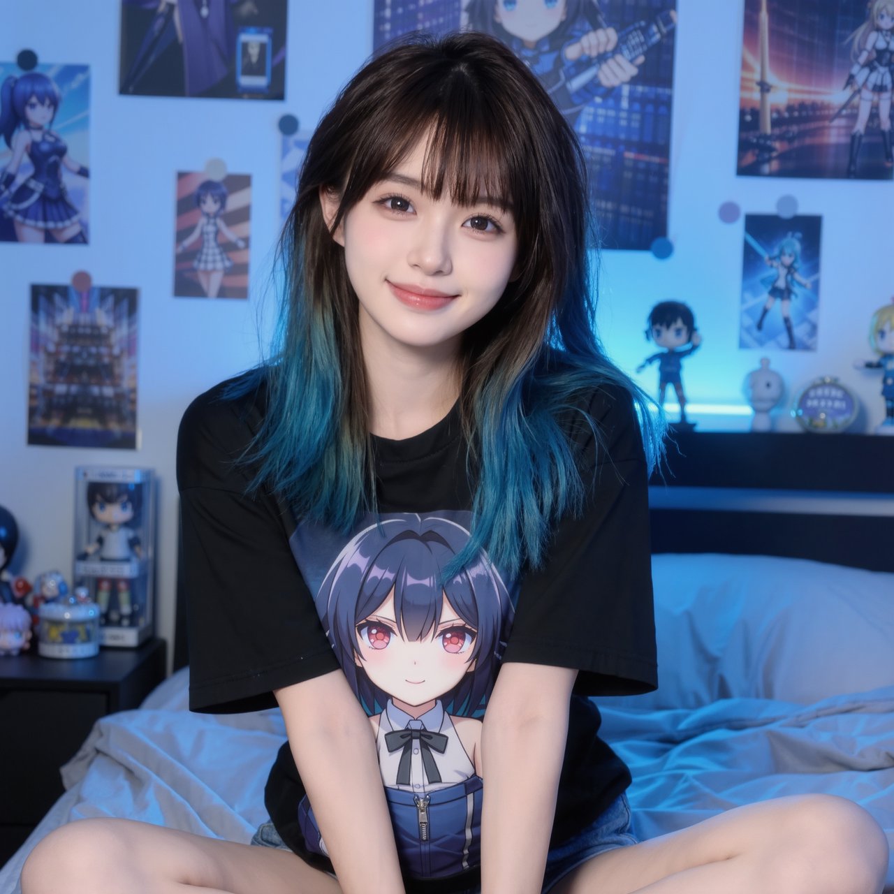 A young beautiful woman of Chinese descent, she is twenty years old, sitting in a bedroom, sitting on the edge of her bed. She is wearing a black anime-themed shirt and denim shorts. She has dark brown hair with light blue highlights, brown eyes, pale skin. Her bedroom has anime- and video game-inspired posters and trinkets. Looking at the viewer, smiling. — Kling v3 Omni