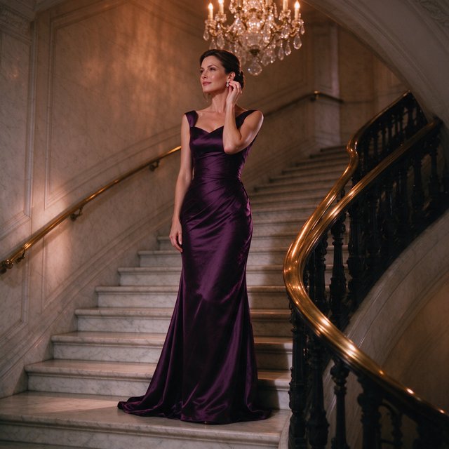 At the landing of a marble staircase, an adult woman in a plum evening gown pauses to fasten an earring, caught in warm chandelier light; polished brass rails and soft shadows lend the scene the poise of a fashion magazine. — Seedream 5.0 Flash