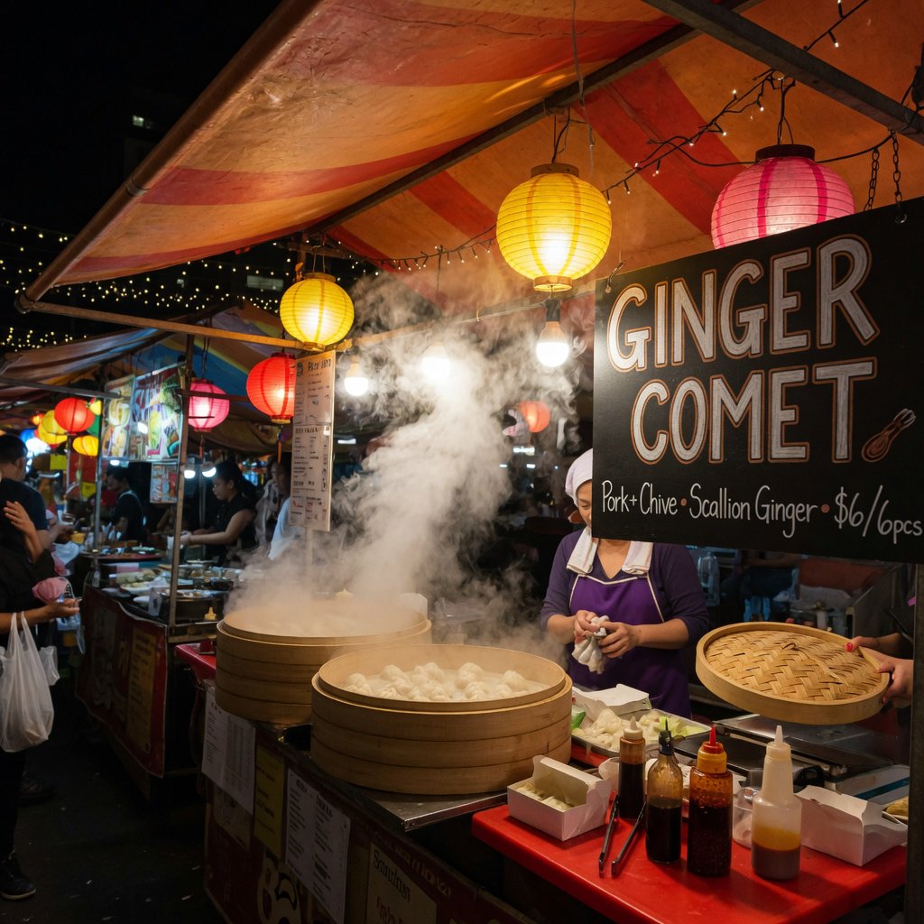 Steam curls above baskets of dumplings at a lively night-market stall, lantern light warming its canvas canopy; "GINGER COMET" is chalked in bold white letters on a blackboard beside the serving counter. — Grok Imagine Image Quality