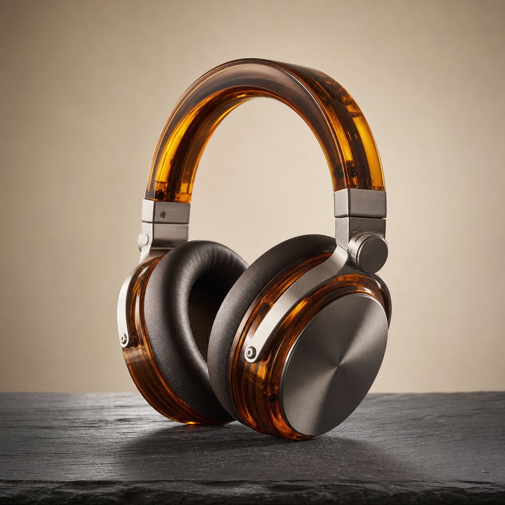 Commercial product photograph of unbranded over-ear headphones crafted from translucent amber resin and brushed titanium, resting on a dark slate surface against a muted cream background, lit by a broad diffused softbox and a delicate rim light. — GPT Image 2
