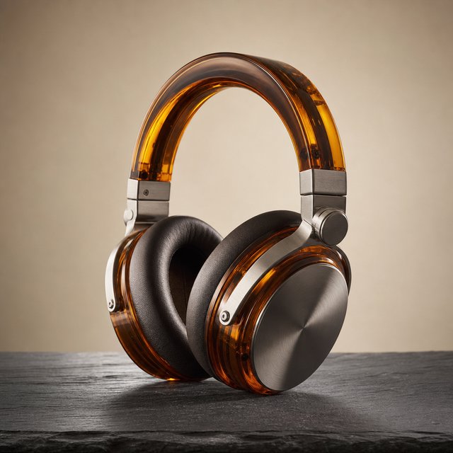 Commercial product photograph of unbranded over-ear headphones crafted from translucent amber resin and brushed titanium, resting on a dark slate surface against a muted cream background, lit by a broad diffused softbox and a delicate rim light. — GPT Image 2