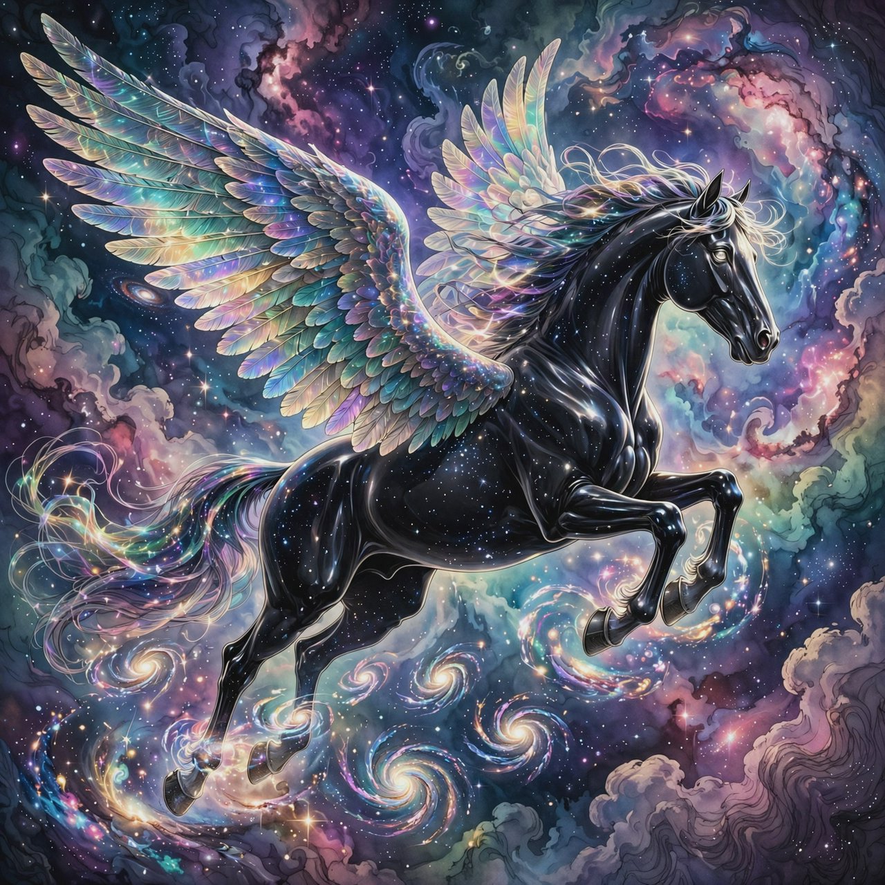 A majestic winged horse, with iridescent feathers and a coat like polished obsidian, is soaring through a celestial realm filled with nebulae and shimmering stardust. Around its hooves, tiny galaxies spiral outwards. The style is reminiscent of intricate fantasy illustration, with glowing, ethereal colors and a sense of deep cosmic wonder — Muse Image 1.0
