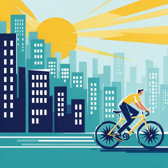 Flat vector illustration of a cyclist commuting through a city at sunrise, limited palette of five colours, geometric shapes. — Krea 2 Large