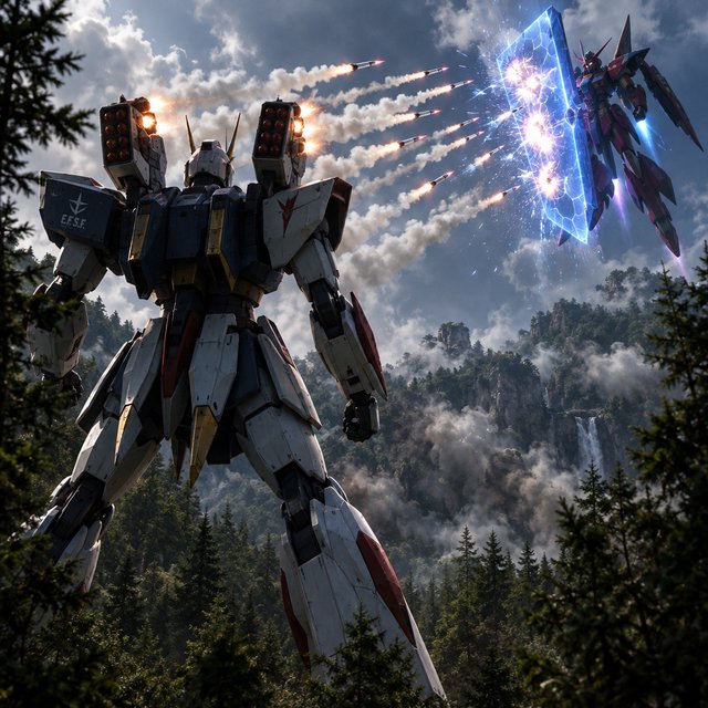 A dramatic cinematic scene of a towering 20-meter futuristic mecha standing in a dense forest, viewed from behind as the main focus. Its design is sleek, angular, and elegant, with a classic retro-futurist Japanese mecha aesthetic. Shoulder missile pods fire a volley of missiles toward an enemy mecha of a different but similarly styled design. The enemy mecha hovers in the air ahead, blocking the incoming missiles with a large arm-mounted energy shield. Dynamic action, smoke trails, forest scale, and intense battle atmosphere. — GPT Image 2.5 Flare