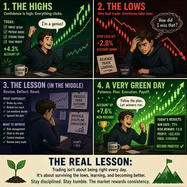 An image depicting the highs and lows of trading, in at least four panels. It ends with a very green day, record profits, and a lesson. — Model 5