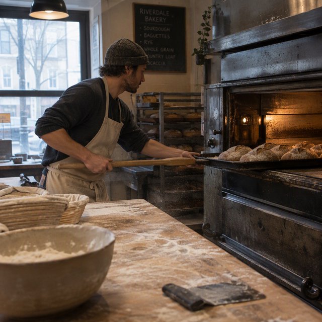 Candid documentary photograph of an adult baker sliding a tray of bread into a neighborhood bakery oven, warm oven glow mixing with gray dawn window light, 35mm lens with moderate depth of field, flour dust suspended above the workbench. — GPT Image 2.5 Flare
