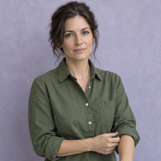 Portrait photograph of an adult woman in her late 30s wearing a moss-green cotton poplin shirt, fingers lightly turning its rolled cuff. Her calm, observant expression faces the camera against a chalky lavender backdrop, lit by soft diffused skylight. — GPT Image 2.5 Flare