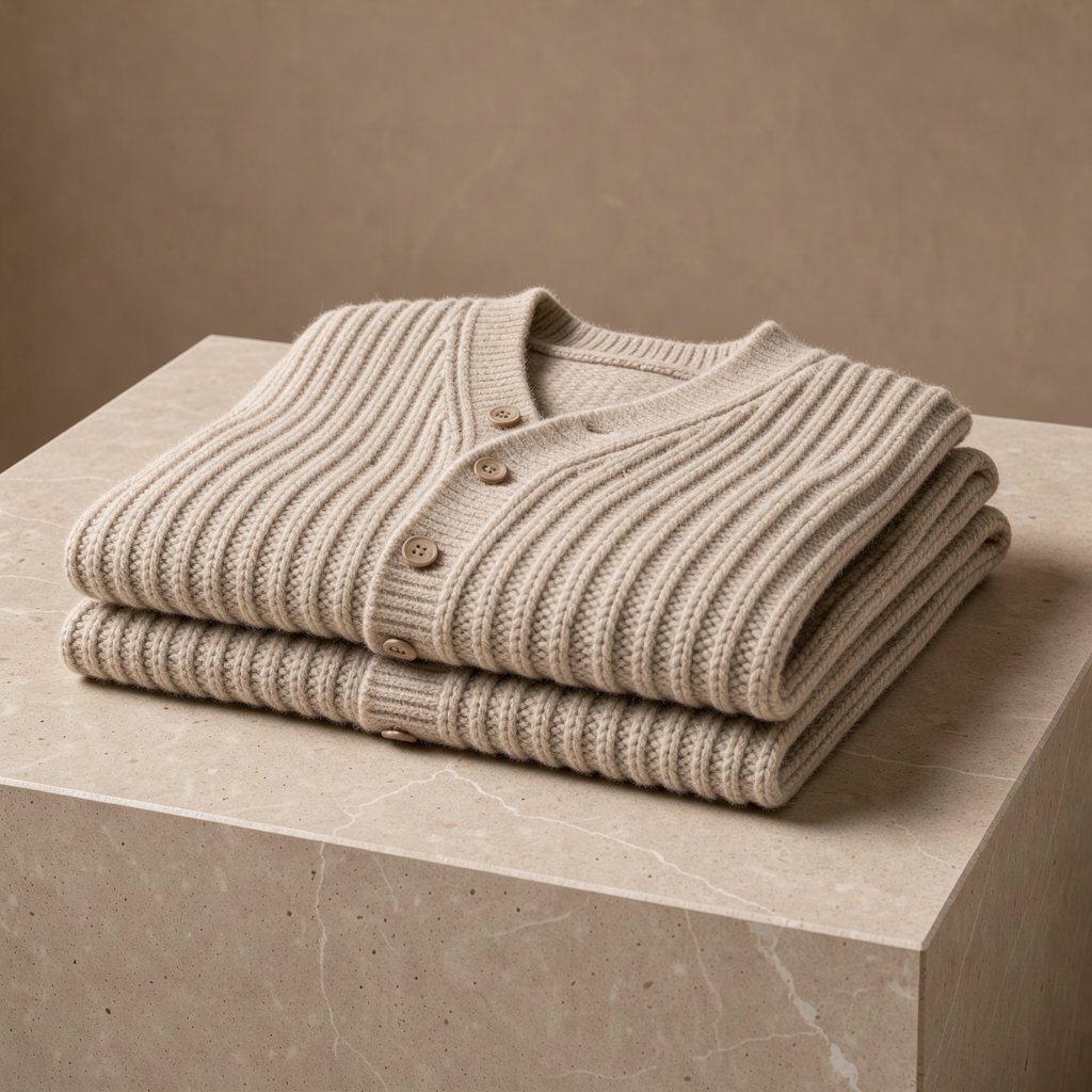A folded unbranded merino cardigan rests on a honed limestone plinth, its chunky ribbed wool surface softly catching broad overhead diffusion and warm side bounce against a muted clay backdrop, with no tags, lettering, or graphics. — FLUX 3 Image