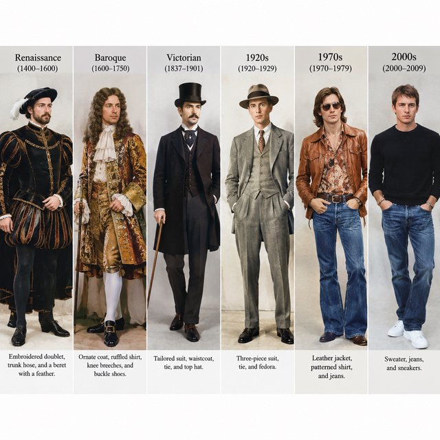 A realistic image only, showing nice outfits worn by adult men from at least 4–6 different eras. Mention the time range for each era. — GPT Image 2.5 Flare