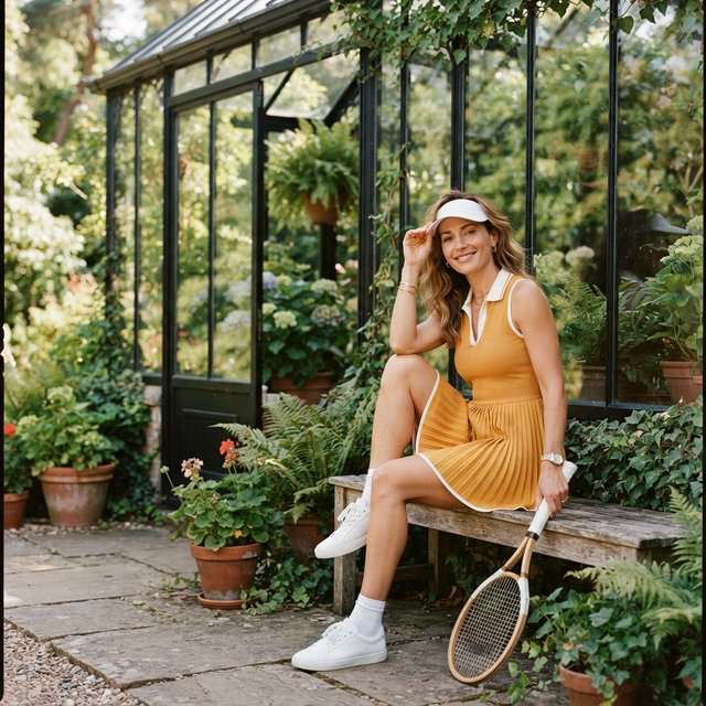 Editorial glamour photograph of an adult woman in a saffron tennis dress and white visor, resting naturally beside a glasshouse garden, flattering morning light, leafy reflections, relaxed smile, refined fashion-magazine composition. — Nano Banana 2 Lite
