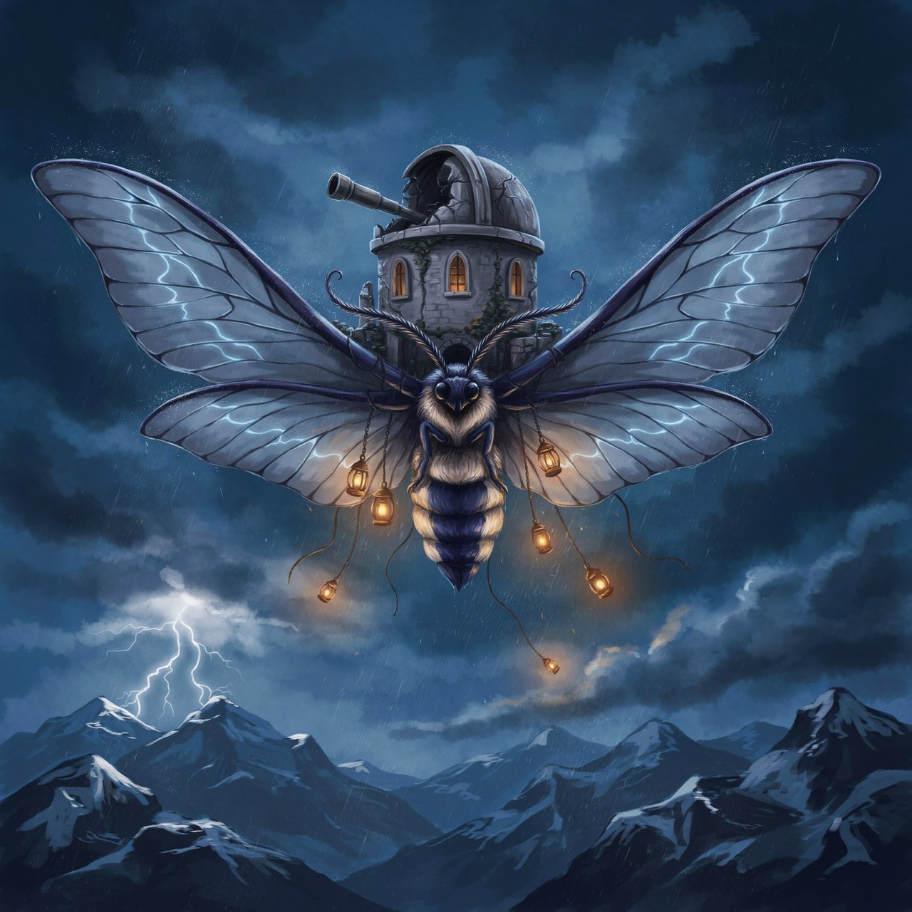A colossal moon-moth creature glides above a stormy mountain range, its translucent wings glowing with silver veins and carrying a ruined observatory on its back. Lightning silhouettes distant peaks while amber lanterns shimmer through rain and cloud. — Ideogram v4