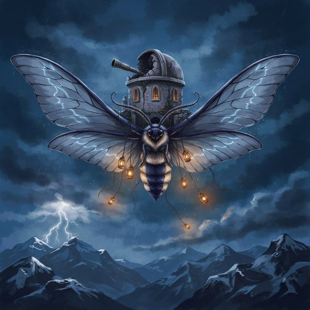 A colossal moon-moth creature glides above a stormy mountain range, its translucent wings glowing with silver veins and carrying a ruined observatory on its back. Lightning silhouettes distant peaks while amber lanterns shimmer through rain and cloud. — Ideogram v4