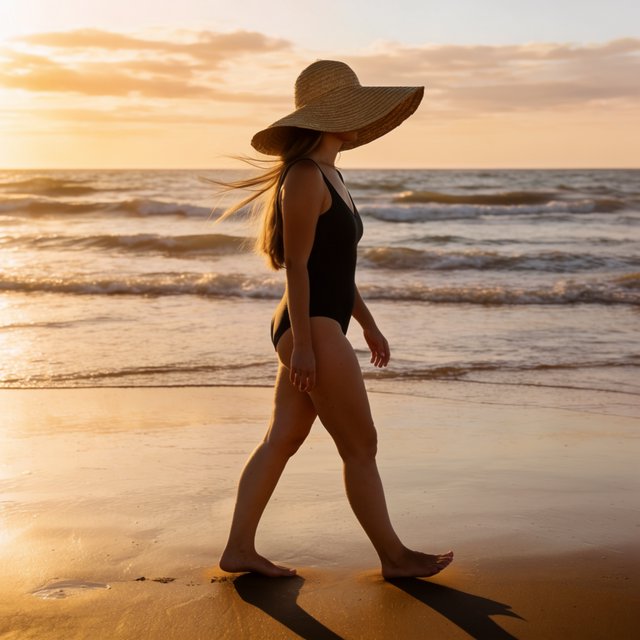 Editorial beach photo of an adult woman in a one-piece swimsuit and a wide straw hat walking along the waterline at sunset, wind in her hair. — Krea 2 Large