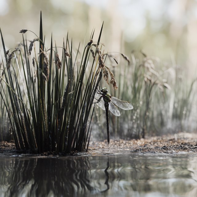 On a peaty marsh edge, a dragonfly rests among sedges after a light morning shower; dew beads on its veined wings and granular mud, while reed stems soften into pale fog behind it. — Krea 2 Large