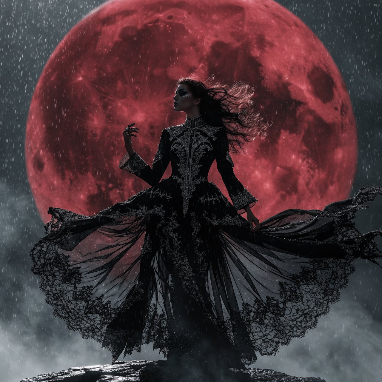 Captivating gothic goddess silhouetted against a blood red moon. Long dark hair blowing in a gentle breeze. Dramatic make-up. Ethereal black garment with silver details billowing in the breeze. Pensive expression. — Recraft v4 Pro
