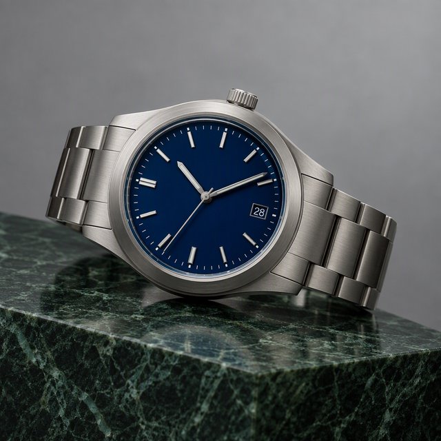 Commercial product photograph of an unbranded mechanical wristwatch with a brushed titanium case and deep blue enamel dial, resting on dark green marble against a soft gray background, illuminated by a large diffused softbox and narrow edge light. — GPT Image 2.5 Flare