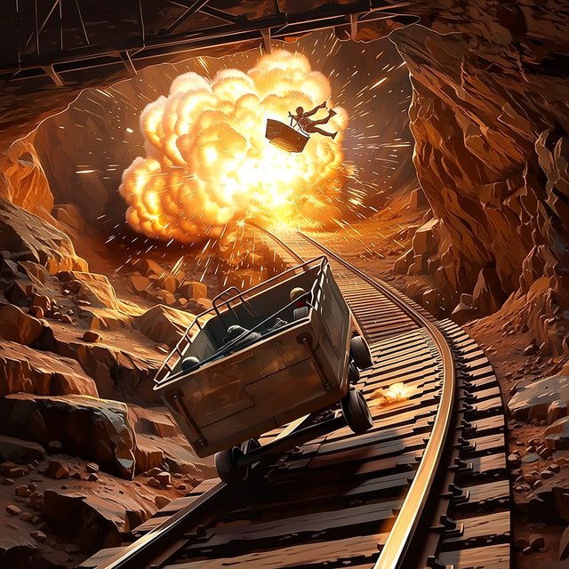 Collapsing mine, woman in a futuristic outfit, in a runaway mine cart. The cart is moving towards the foreground. Behind her cart, there was a huge explosion in the mine. The impact of the explosion is so great that it has knocked the cart off the tracks and sent the rider flying. Angle the empty cart, which is in the process of shattering, close to the woman. Focus the image on the female rider who has flown off the cart. Ensure her features are photorealistic. Make the scene photorealistic, explosive, and exciting as if it is from an action-packed movie. — Midjourney Niji 7