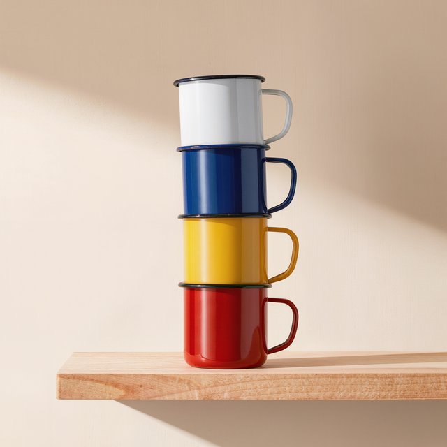 Exactly four enamel camping cups form a vertical tower on a pale wooden shelf, bottom to top: red, yellow, blue, white; all handles face right. Soft morning light, nothing else. — Kling v3