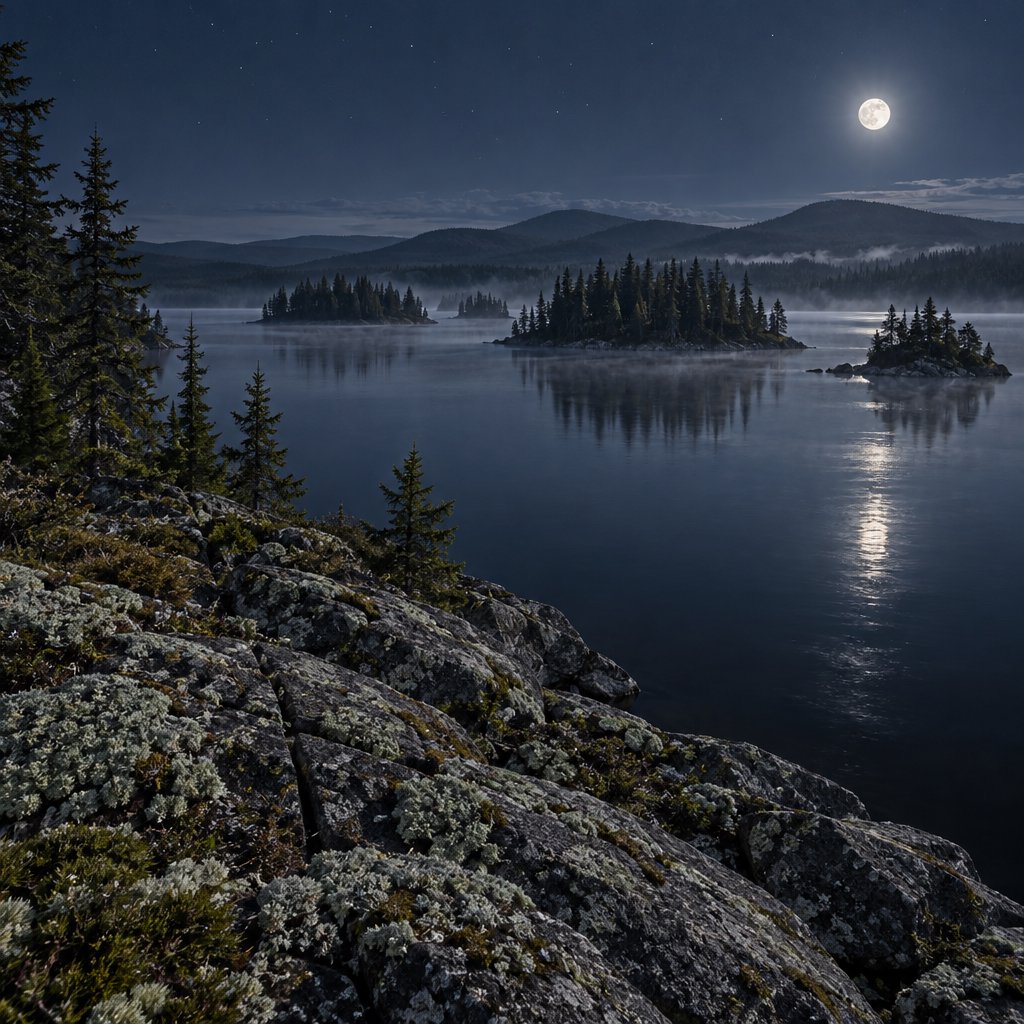 An expansive boreal lake beneath a clear, cold midnight sky, pale moonlight catching thin mist above dark water; spruce-covered islands recede toward distant ridges, while lichen and cracked granite sharpen the near shoreline. — GPT Image 2.5 Sunburst