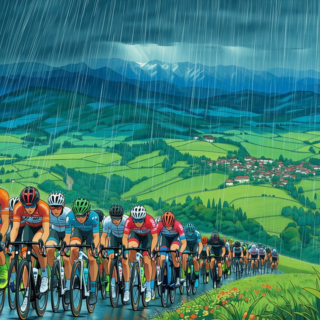 A frontal, close-up shot of a field of competitive cyclists ascending a mountain in the rain. In the background, we see a lush green valley with a small town. — Midjourney Niji 7