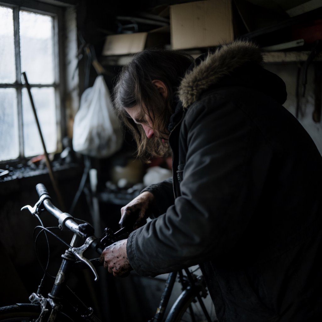 Candid documentary photograph of an adult repairing a bicycle at a quiet curbside workshop, cool morning window light, 50mm lens with shallow depth of field, grease smudges on their fingertips. — Krea 2 Medium
