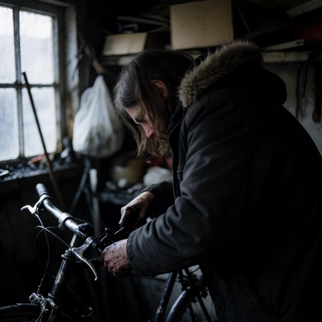 Candid documentary photograph of an adult repairing a bicycle at a quiet curbside workshop, cool morning window light, 50mm lens with shallow depth of field, grease smudges on their fingertips. — Krea 2 Medium