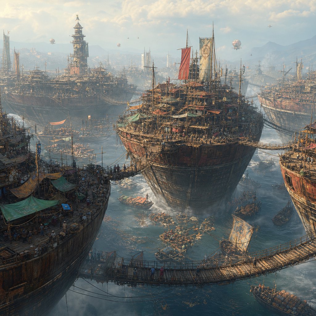 A floating market city built on the hulls of giant upturned ships, rope bridges, morning haze, wide establishing shot. — GPT Image 2