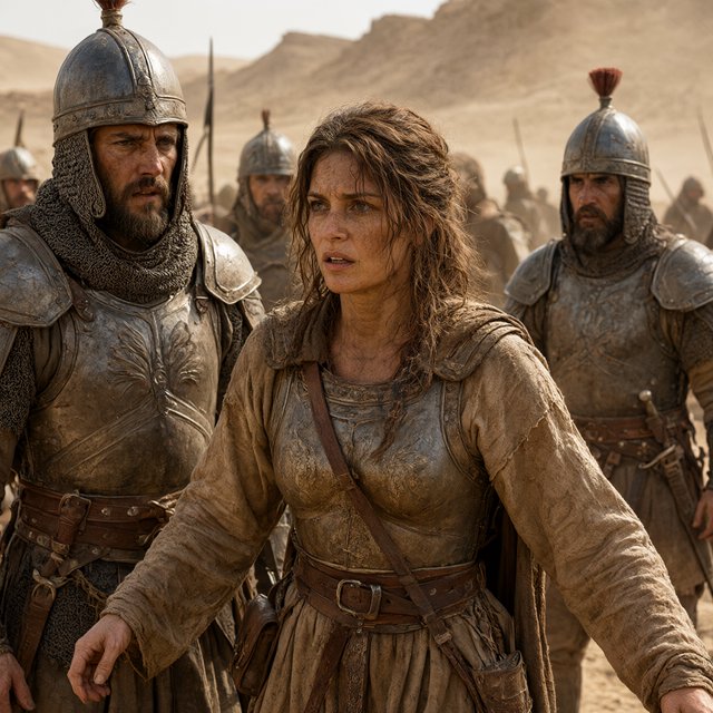 Film capture. Cinematic scene of the Byzantine empress being captured by Sassanid cataphracts. Harsh desert lighting. Shallow depth of field. The image takes place in the aftermath of a battle. All of the subjects are dusty and disheveled. — Qwen Image 3.0 Pro