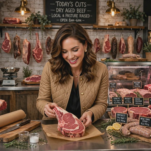 Happy glamorous woman examining meat in a butcher shop. — Muse Image 1.0