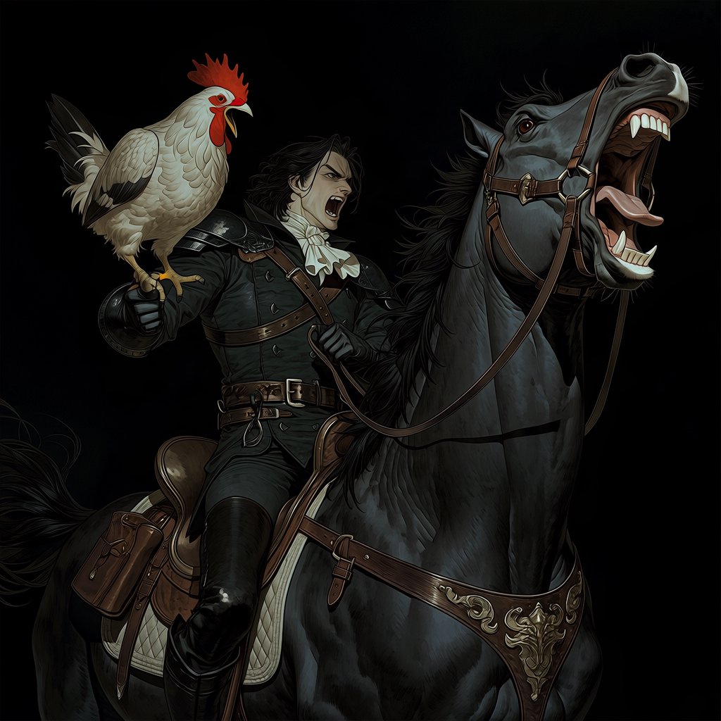 A man riding a horse, holding a screaming chicken, in dark gothic fantasy. — Midjourney Niji 7