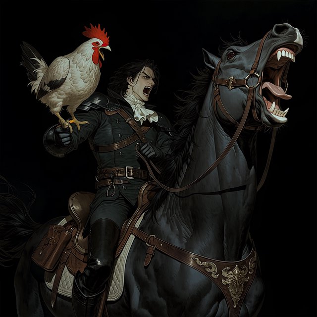A man riding a horse, holding a screaming chicken, in dark gothic fantasy. — Model 13
