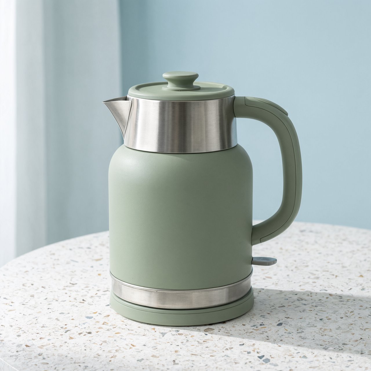 Commercial product photograph of an unbranded electric kettle made from matte sage ceramic and brushed stainless steel, resting on a white terrazzo surface against a pale blue background, with soft window light from the left and a delicate grounding shadow. — Qwen Image 3.0 Pro