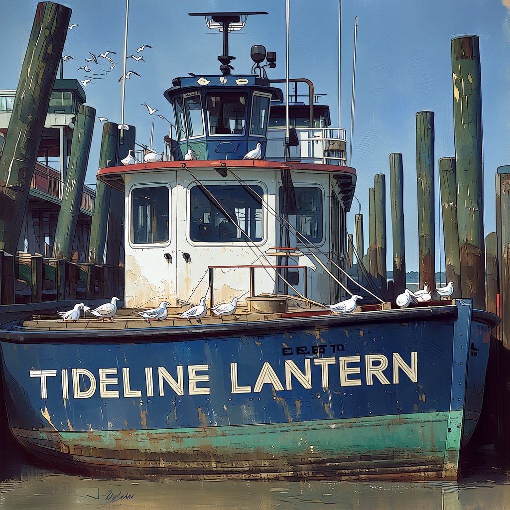 At a quiet harbor, a weathered wooden ferry rests beside slick pilings, ropes coiled on deck as gulls wheel overhead; "TIDELINE LANTERN" is painted in faded ivory letters along the blue hull. — Midjourney Niji 7