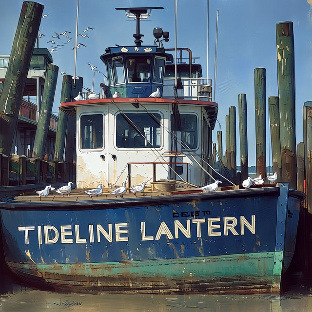 At a quiet harbor, a weathered wooden ferry rests beside slick pilings, ropes coiled on deck as gulls wheel overhead; "TIDELINE LANTERN" is painted in faded ivory letters along the blue hull. — Midjourney Niji 7