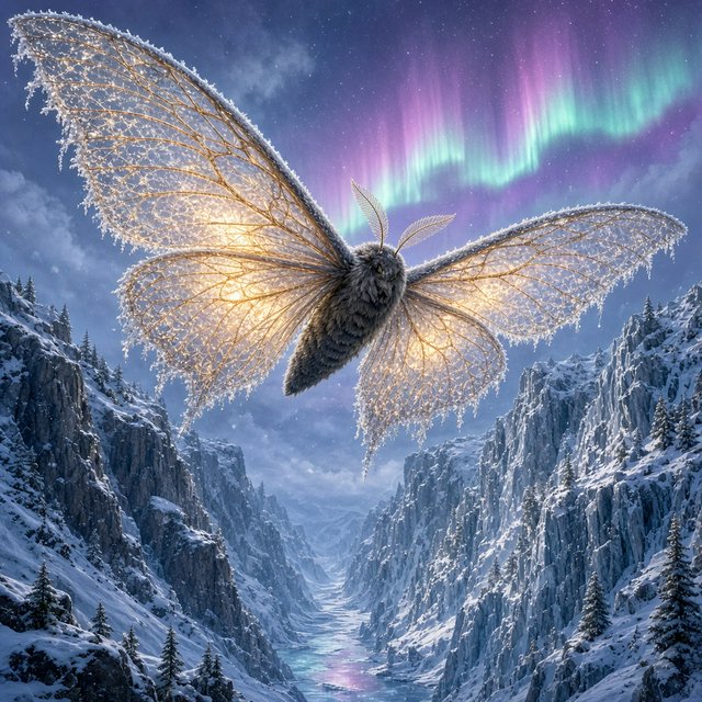 A cathedral-sized mothlike creature glides above a frozen ravine, its translucent wings veined with amber light and fringed with frost. Tiny mountain pines cling to the cliffs as aurora colors ripple across the snow. — Grok Imagine Image 2