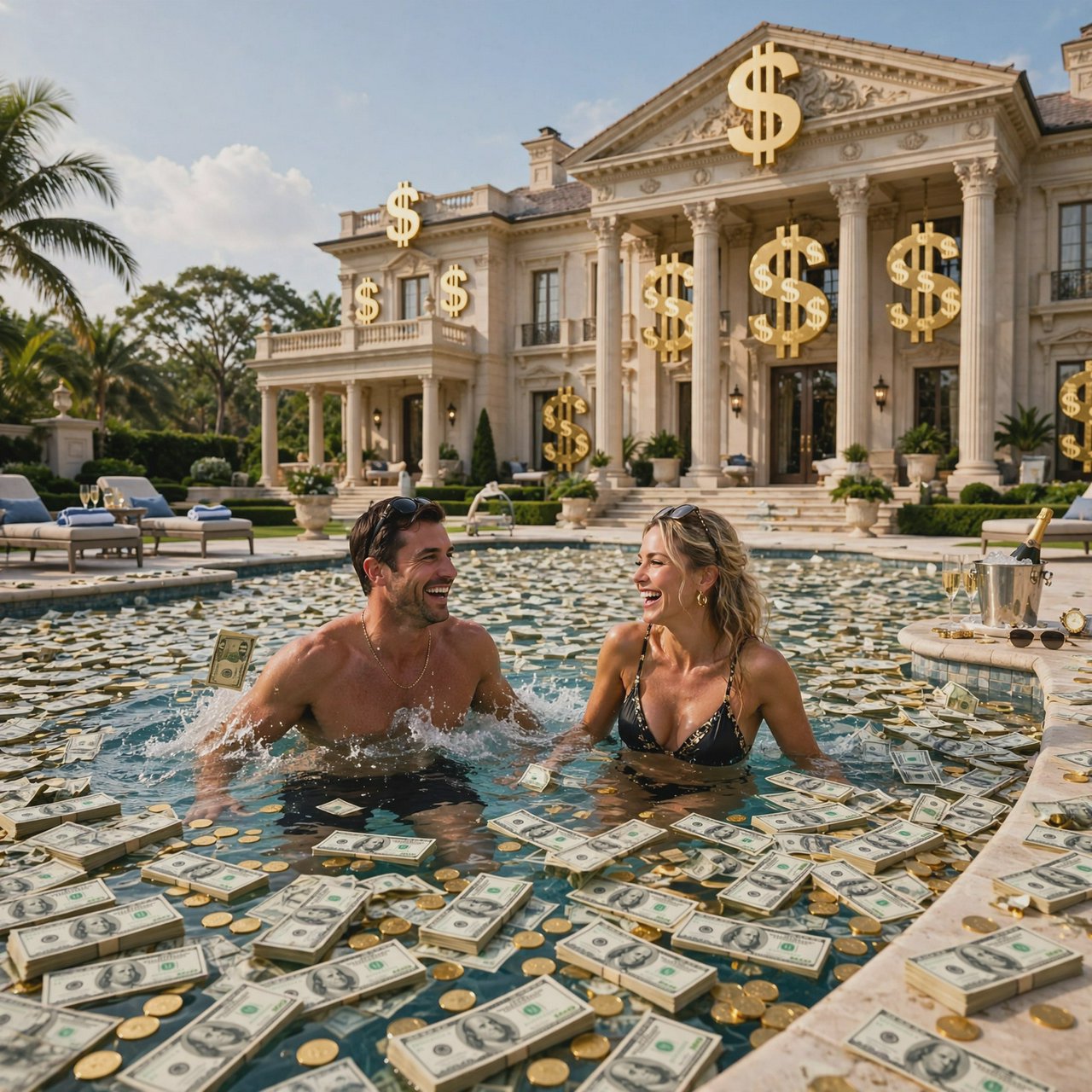A wealthy adult couple swimming in a huge pool full of money, near a huge mansion with dollar signs on it, with a fun, happy vibe. — Muse Image 1.0
