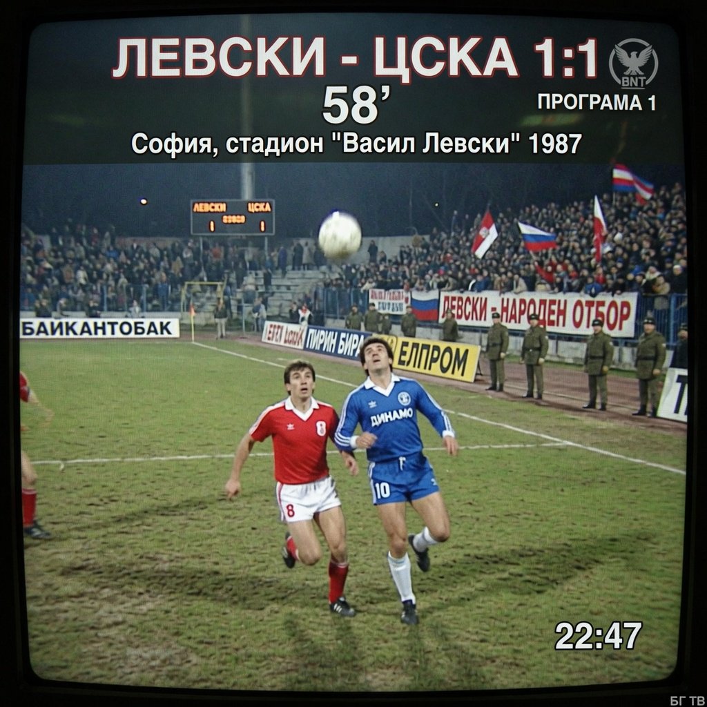 A stillshot from a Bulgarian football game, broadcast in the 1980s. — Grok Imagine Image Quality