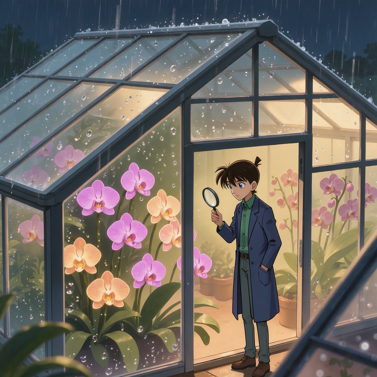 Rain beads on a rooftop greenhouse as an adult botanist studies luminous night-blooming orchids beneath glass panes; cel-shaded anime illustration in digital paint, palette of jade, magenta, indigo, and warm amber. — Kling v3 Omni