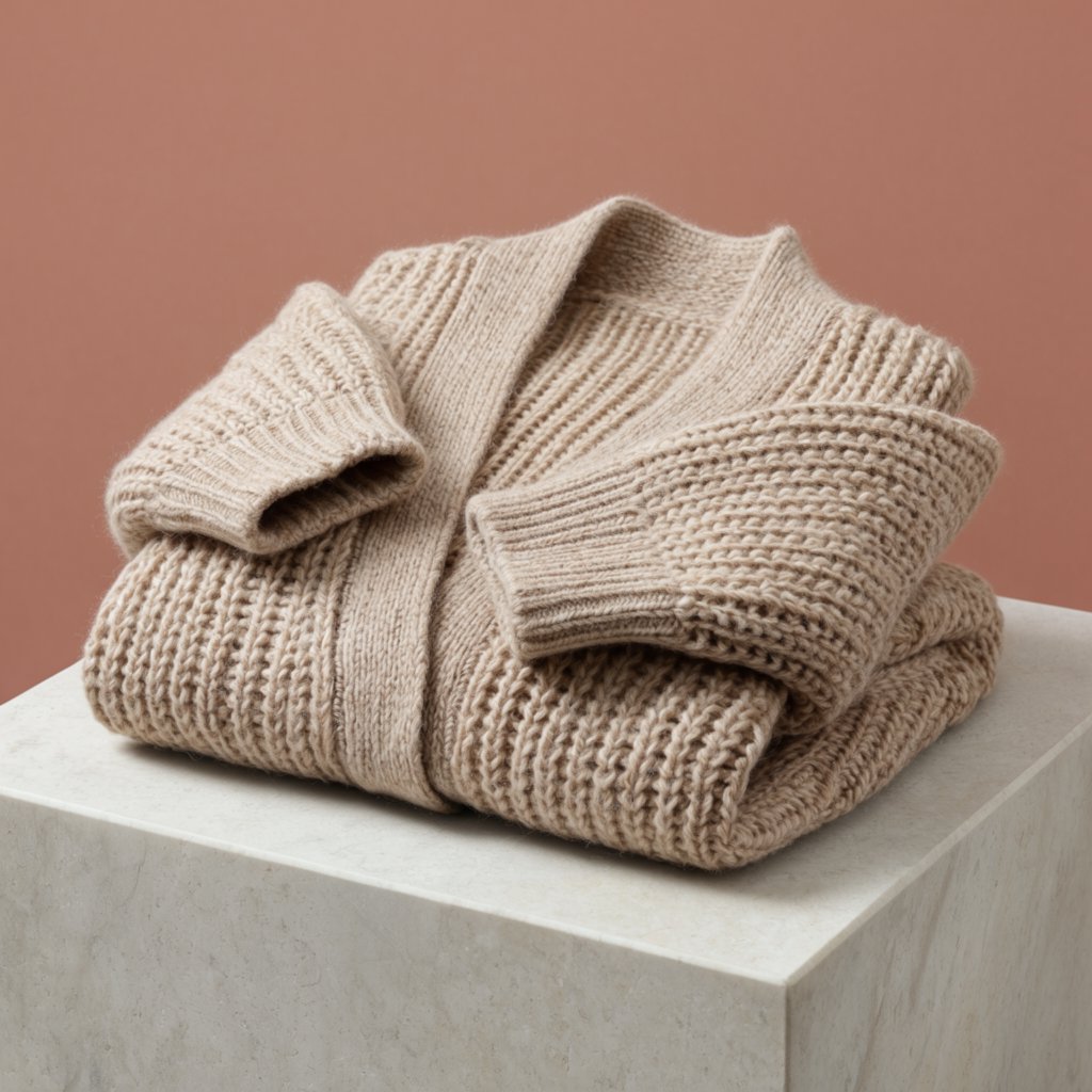 A folded unbranded merino cardigan rests on a honed limestone plinth, its chunky ribbed wool surface softly catching broad overhead diffusion and warm side bounce against a muted clay backdrop, with no tags, lettering, or graphics. — Krea 2 Large